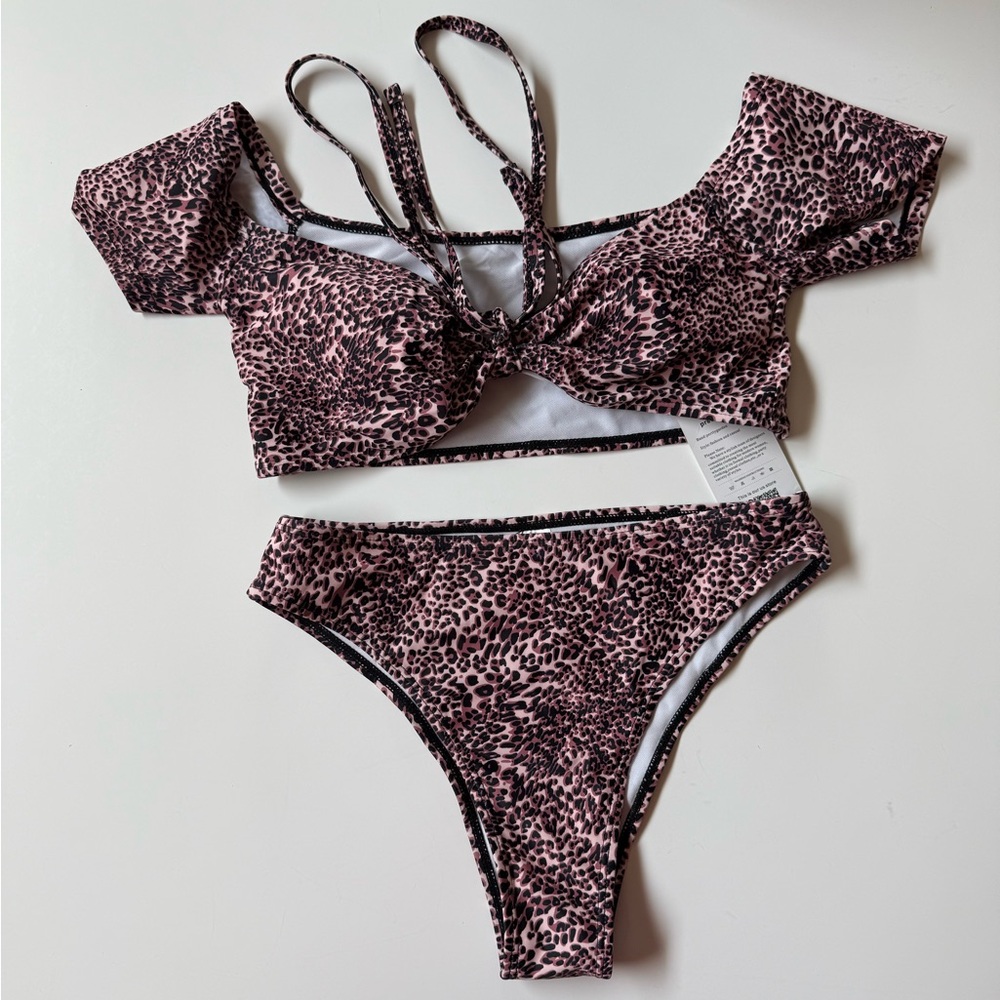 PRETTY GARDEN Pink Black Leopard Animal Print Bikini SET Medium ~ NEW W/ TAGS ~